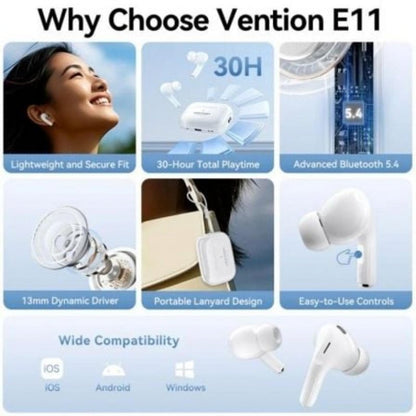 Vention Echo Lite E11 Auriculares Sem Fios Bluetooth 5.4 com Estojo de Carga e IPX4 Brancos