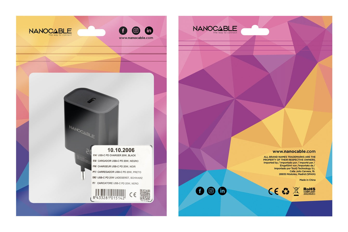 Nanocable 10.10.2006 20W 1xUSB-C Preto Carregador de Parede Universal PD