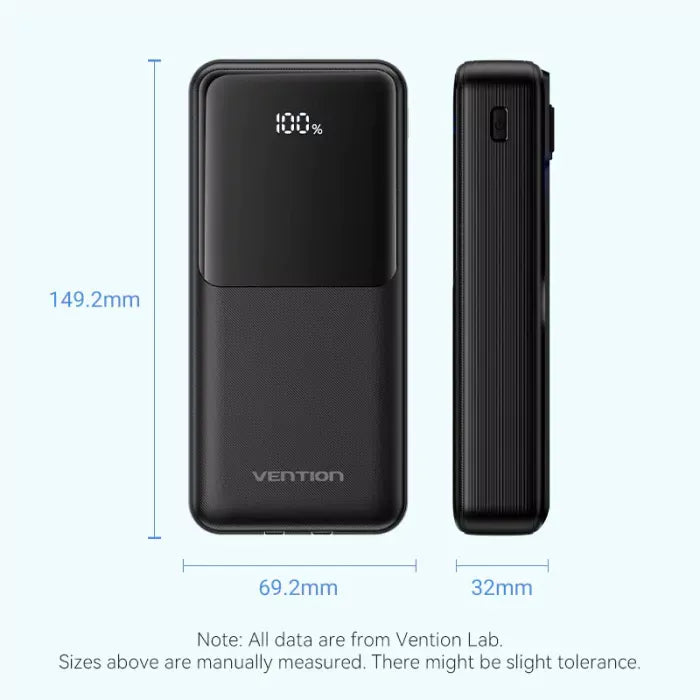 Powerbank Vention 20000mAh Ecrã LED Preta + Cabo USB-C/Lightning