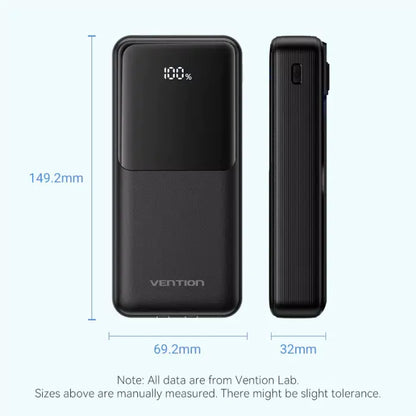 Powerbank Vention 20000mAh Ecrã LED Preta + Cabo USB-C/Lightning