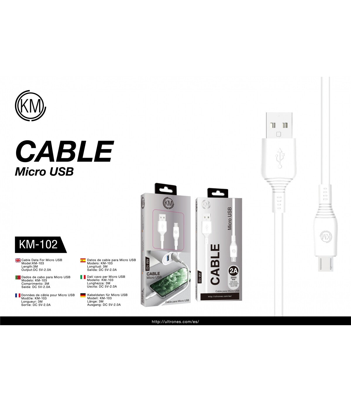 Cabo Micro USB Branco (2 metro)